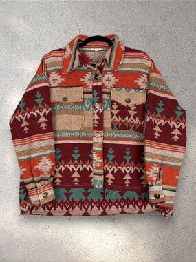 La Miel Aztec Shacket Women's S Multicolor Raw Hem Boho Southwestern Cabincore